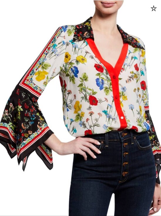 Alice + Olivia Tops - NWOT Alice And Olivia Randa Floral Print Button Down Trumpet Sleeve Blouse Silk